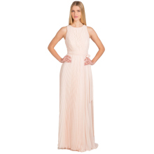 OEM lady wear blush pink silk chiffon pleated long maxi evening dress gown