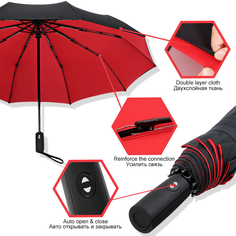 Strong Windproof Double Automatic 3 Folding Umbrella Female Male 10K Car Luxury Large Parasol Rain Women Men Business Umbrellas