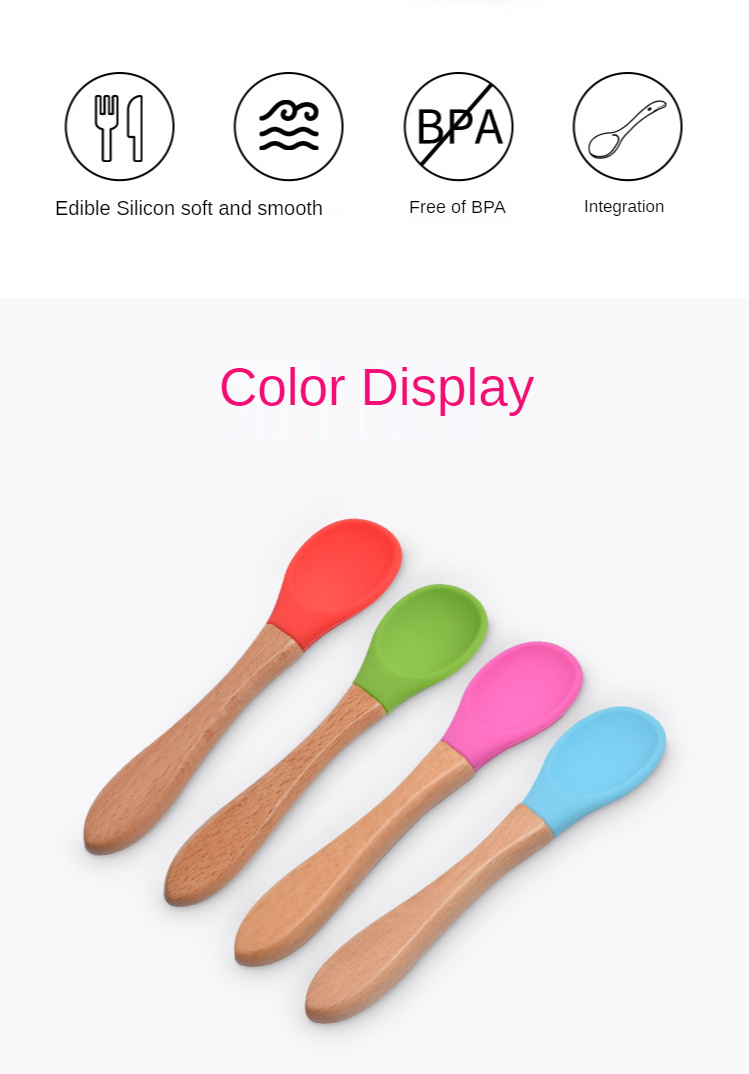 New Products Silicone Spoon with Wooden Handle Hot Sale Silicone Baby Suction Bowl Food Grade Silicone Bibs