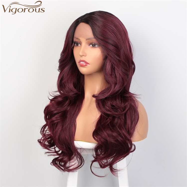Vigorous Wholesale Lace Frontal Long Body Wavy Synthetic Wigs For Black Women Ombre Red Color High Temperature