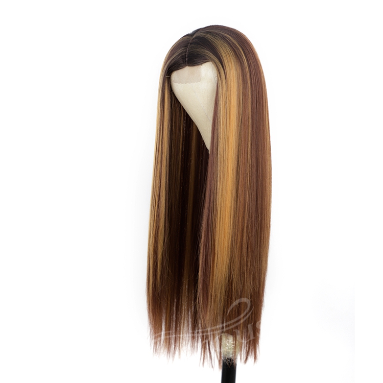 Ombre Brown Highlight Blonde Dark Root Wig Long Silky Straight Wig Middle Part Synthetic Front Lace Hair Wigs For Women