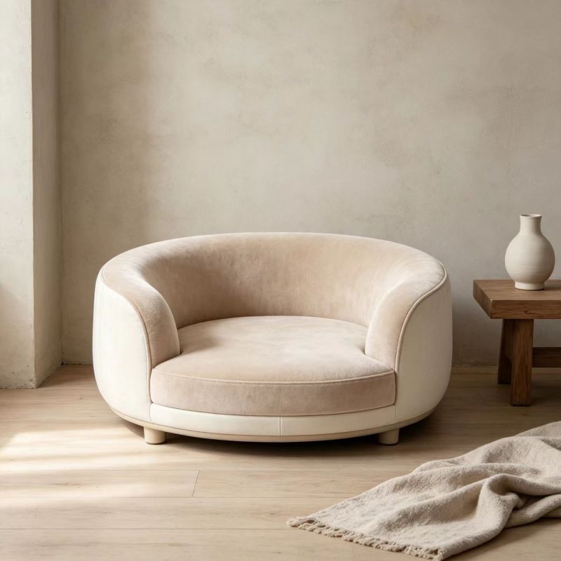 Round Curved Pet Sofa Bed with Wooden Legs, Two-tone Velvet Bolster Dog Bed, Low Entry Enclosed Pet Couch, Removable Washable Co