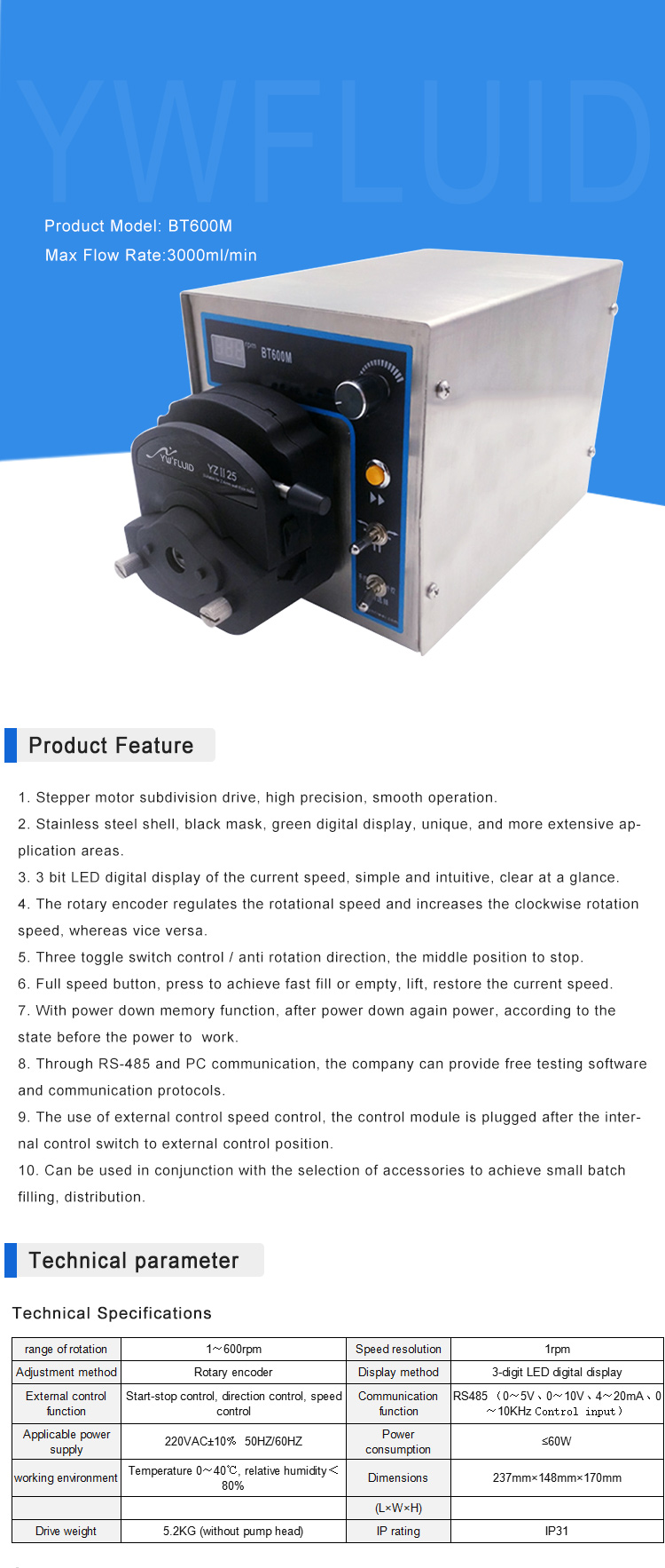 YWfluid Easy load pump head Large flow rate Liquid Dispensing peristaltic pump used for Environmental device