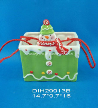 Hand-Painted Ceramic Snowman Basket