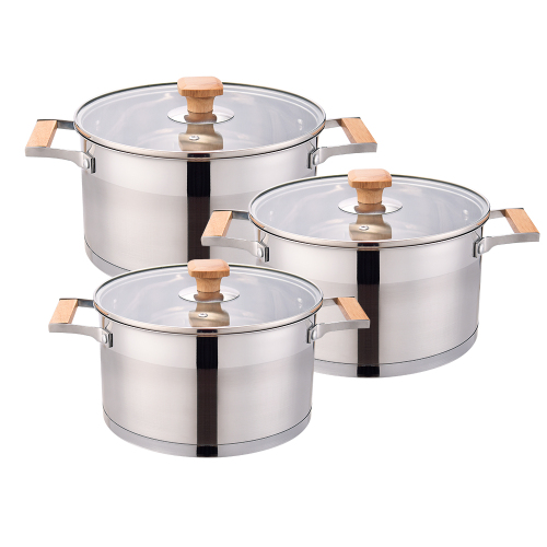 Glass lid straight cooking pot with wooden handle