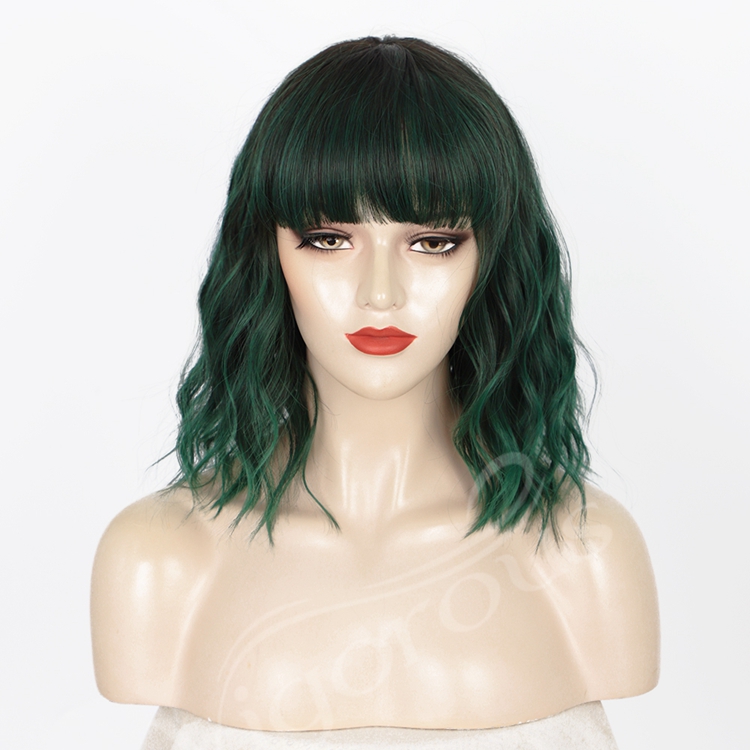 Vigorous Supplies Hot Cheap Afro Short Kinky Curly Heat Resistant Ombre Black Green Fiber Synthetic Short Wig