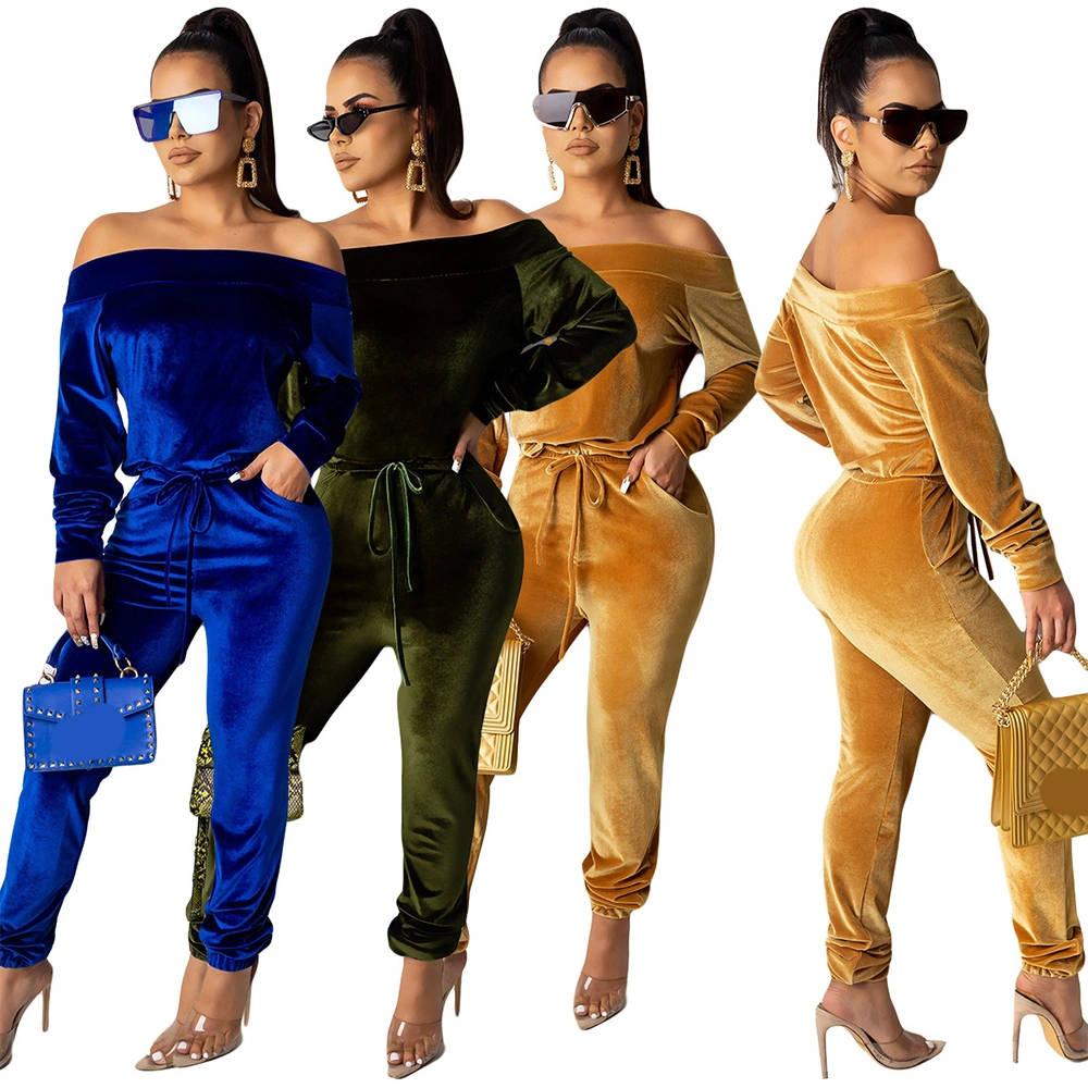 Hot Sell Autumn Fall 2021 Apparel Two Piece Set Women Clothing Velvet Neck Long Sleeve off Shoulder Two Piece Set