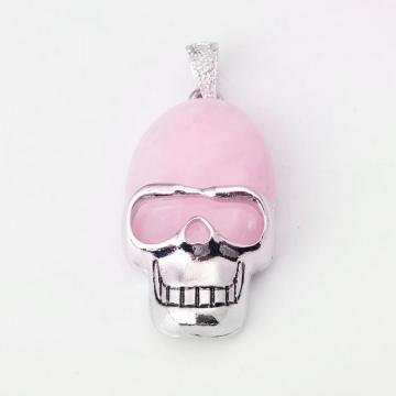 Rose Quartz Semi Precious stone Skull Alloy Pendant