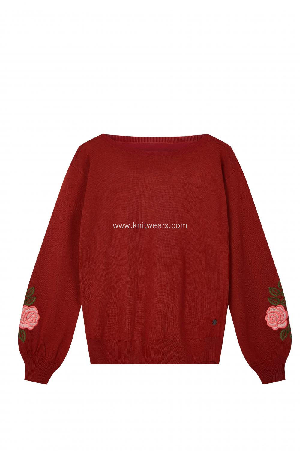 Women's Knitted Floral Embroidery Puff Sleeve Pullover