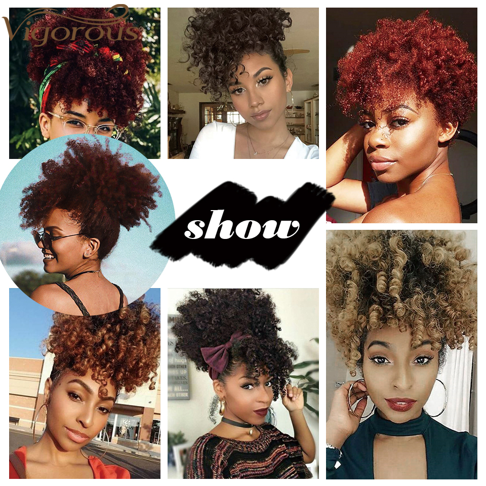 Vigorous New Design Best Selling Short Fluffy Elastic Hairpiece With Bangs Kinky Curly For Black Women Synthetic Afro Hair Bun