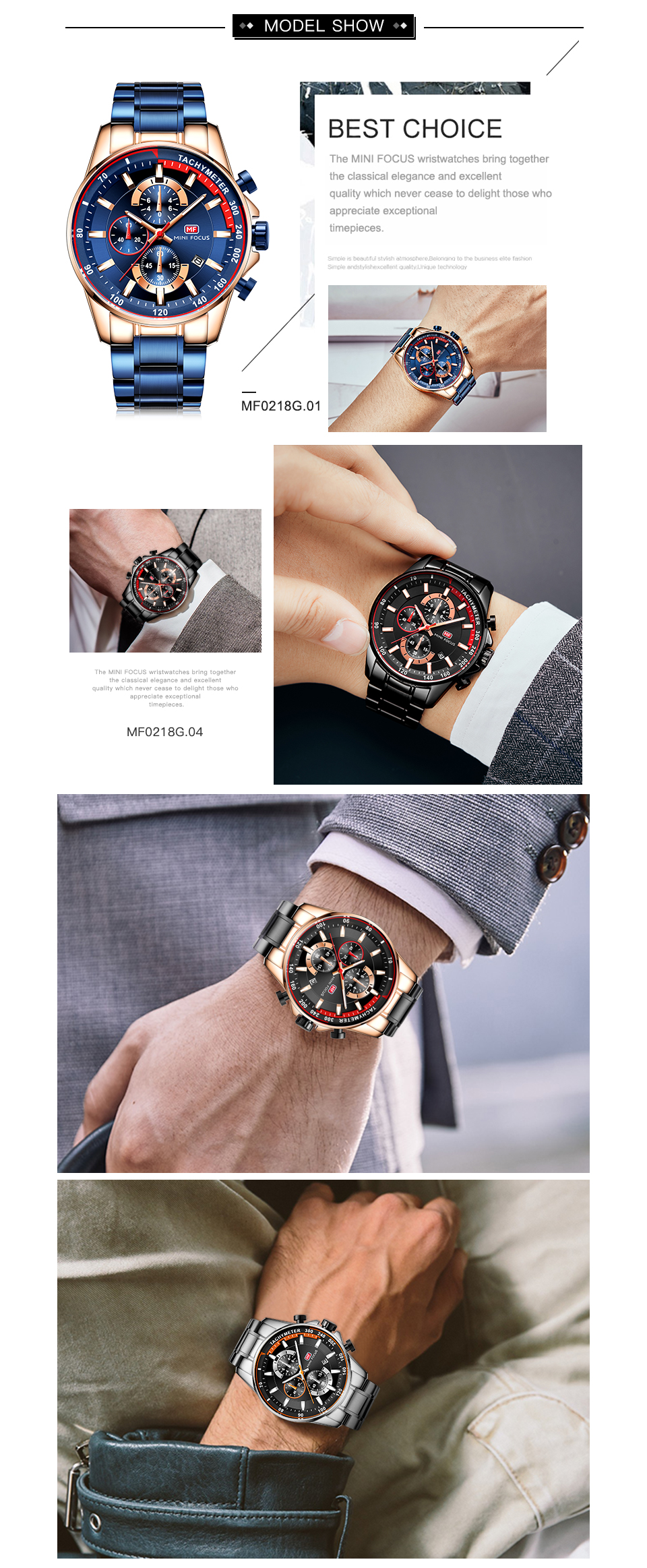 MINI FOCUS MF0218G Men's Quartz Watches Stainless Steel Strap Waterproof Chronograph Business Waterproof Wrist Watch