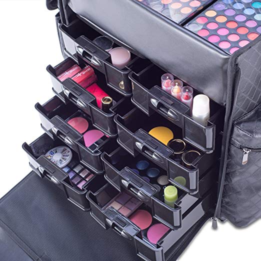 Professional Beauty Makeup Artist Case on Wheels Soft Cosmetic Case with Trolley and Storage Drawers
