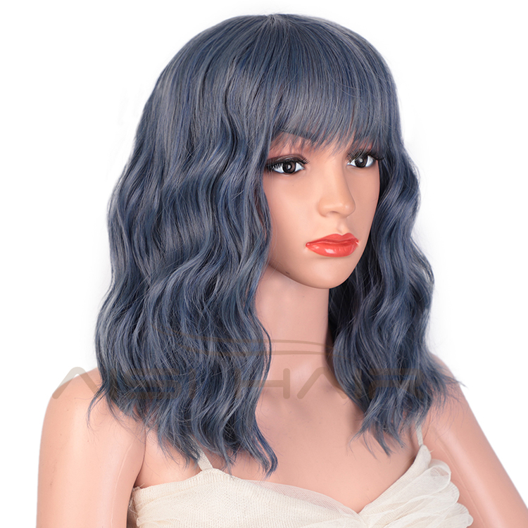 Top Quality Short Bob Blue Wig Wholesale Cheap With Neat Bangs Synthetic Short Curly Wave Wigs For Women
