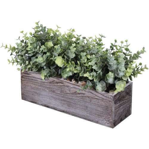 Faux Eucalyptus Plants in Rectangular Wood Planter Box