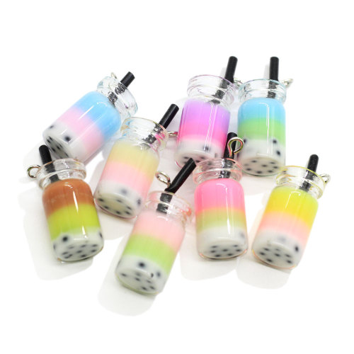 Colorful Pearl Milk Tea Glass Bottle Resin Cabochon Drink Cup Keychain Making Diy Pendants Jewelry Ornament