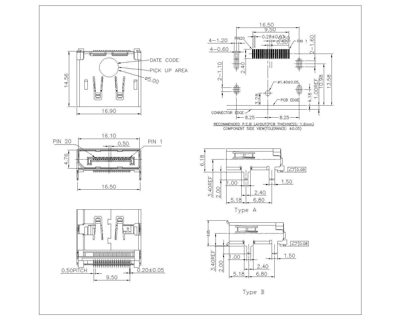 DP-FXX03-X DISPLAY PORT 20P SMT PLAIN TOP WITHOUT PLASTAC BASIC,LEG 2.0MM