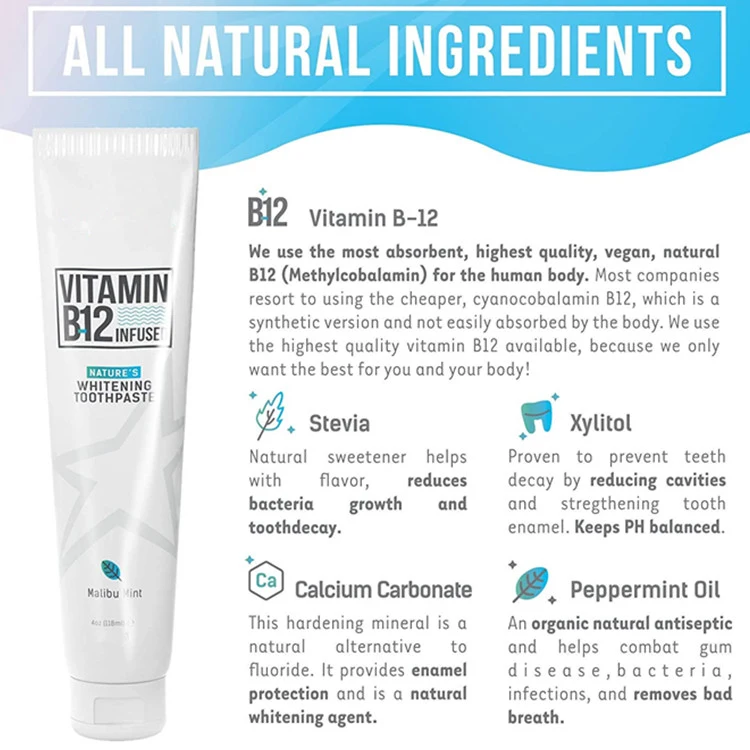 Private Custom Vegan Organic Mint Vitamin B12 Whitening Toothpaste