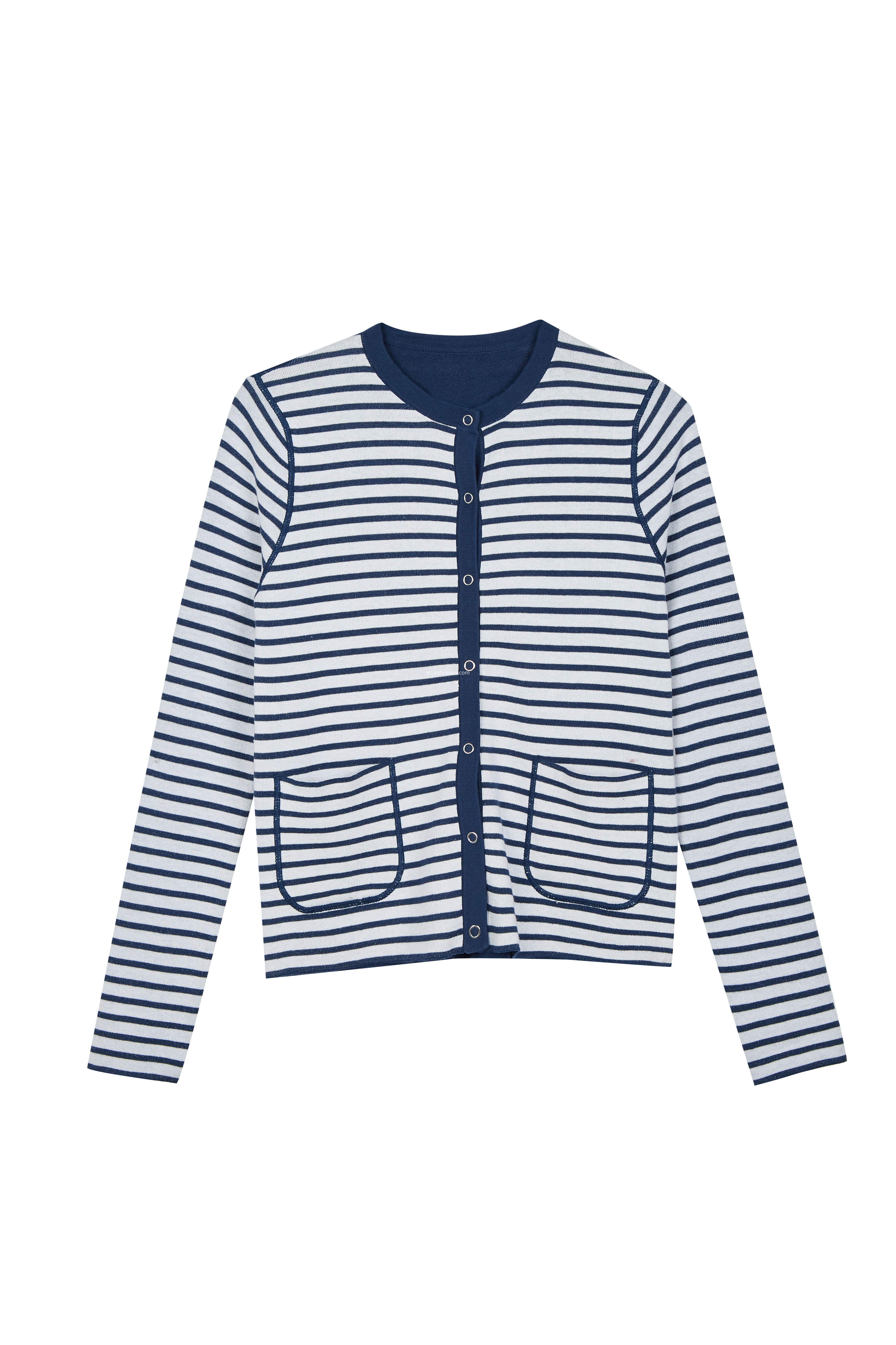 Women's Knitted Striped Button Pocket Crew-Neck Cardigan