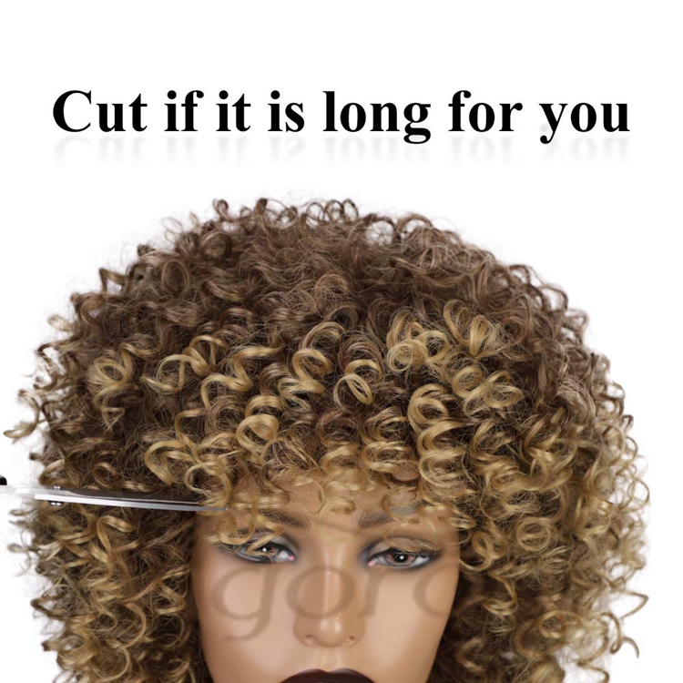 Vigorous Hot Selling Cheap Price Shoulder Length Kinky Curly Fluffy With Bangs Ombre Brown For Black Women Synthetic Hair Wigs