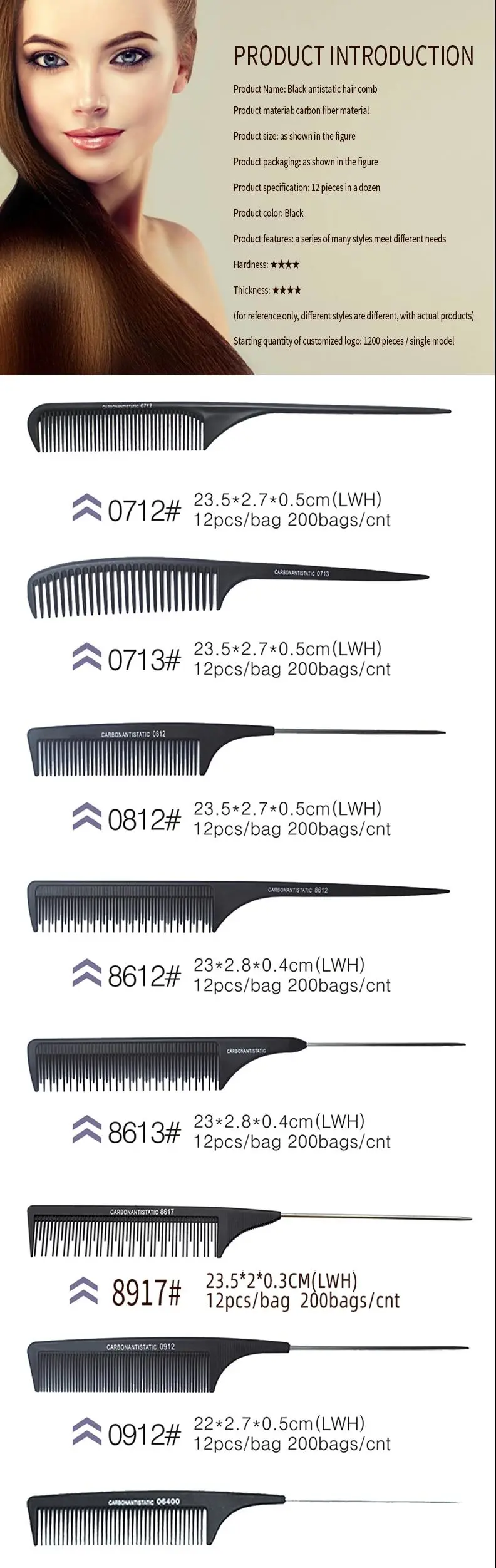 Custom Logo High Quality Black Straight Hair Combs PRO Salon Hairdressing Antistatic Carbon Fiber Comb for Barber Hair Cutting