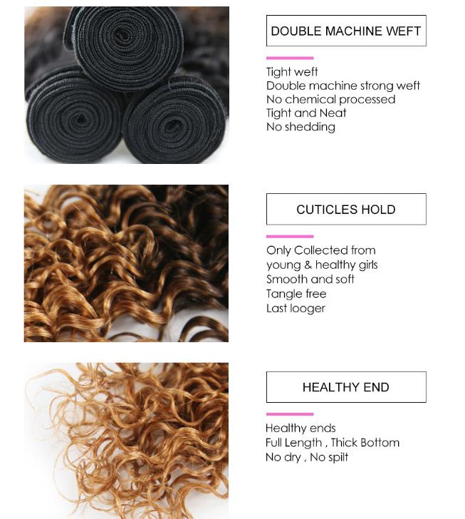 Ombre Brazilian Hair Bundles Deep Wave With Closure, Sew In Human Hair Weave Ombre Hair Weaves Curly