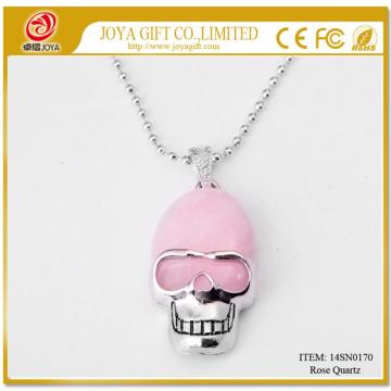 Rose Quartz Skull Gemstone Pendant Necklace