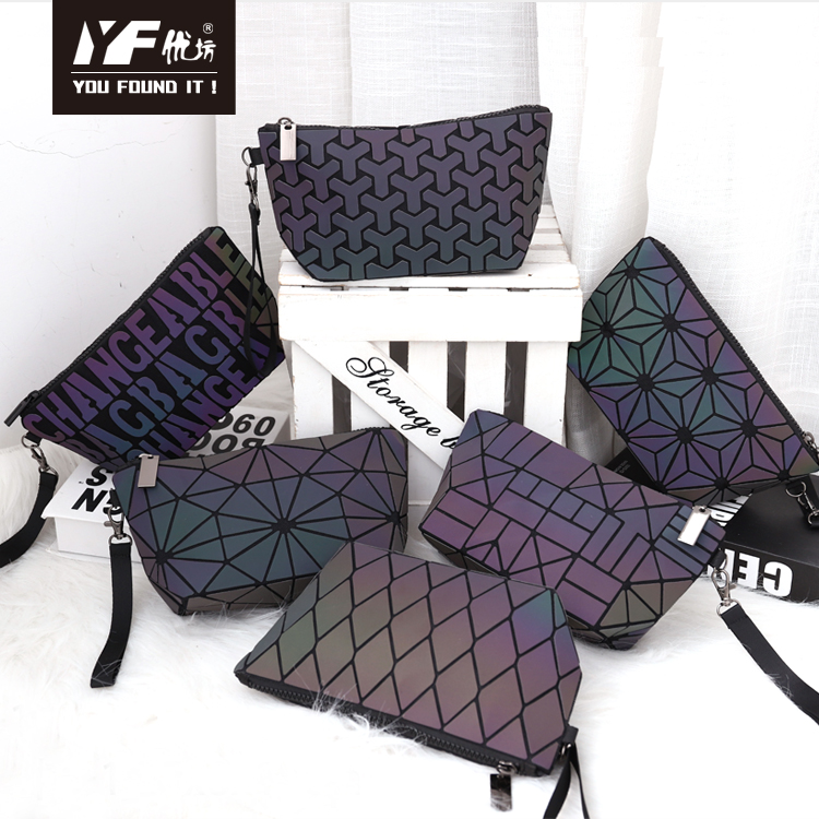 Luminous geometric patterns handbags women pu leather bag cosmetic makeup lattice lady purse