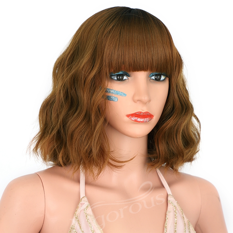 Natural Texture Highlight Brown Black Short Curly Bob Wig Soft Cheap Glueless Water Wave Synthetic Hair With Bangs