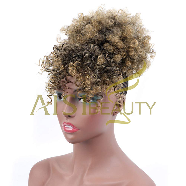 Aisi Beauty New Design Wholesale Mixed Brown Blonde Fluffy Puff Hairpiece Extension With Bangs Curly Afro Kinky Afro Hair Bun