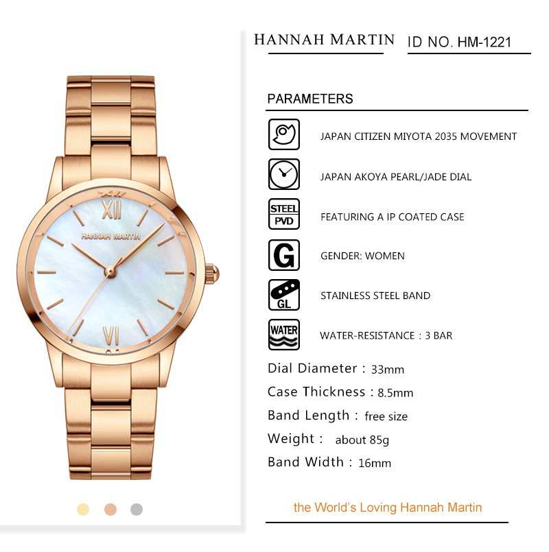 Hannah Martin 1221 Simple Design Ladies Quartz Wrist Watch Waterproof Steel Brand Women Watches Luxury