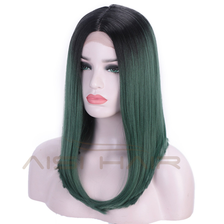 Aisi Hair Synthetic Silky Straight Lace Front Wigs Ombre Green Middle Part Lace Front Cosplay Bob Wigs for Women