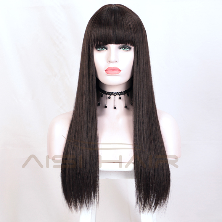 Aisi Hair Top Quality 24 Inch Long Silky Straight Black Lace Wig With Bangs Cheap Synthetic Hair Lace Front Wigs For Women