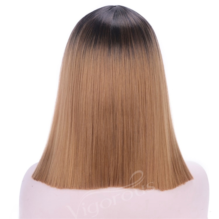 Vigorous 14 inch Short Straight Bob Hair Synthetic Wigs For Women 2 Tone Ombre Brown Color Wigs Middle Part Glueless Cosplay Wig