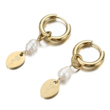 Irregular Pearl Stamped Oval Birth Flower Charm Earring