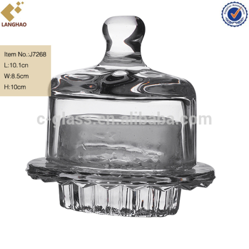 Oval Shape Glass Butter Dish With Handle On Lid