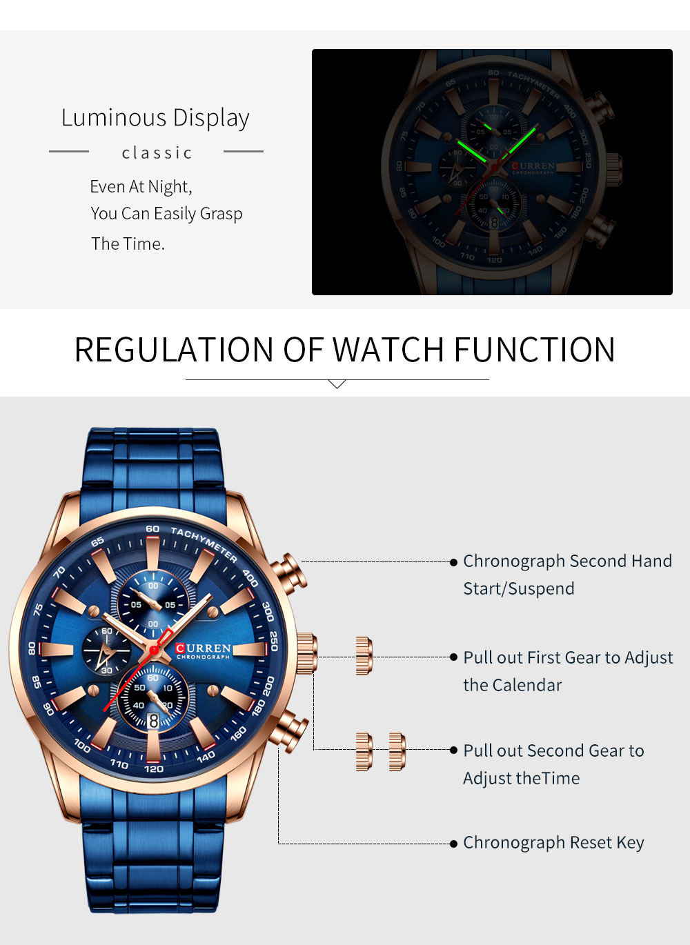 CURREN 8351 Chronograph Wrist Watch Blue Quartz Men Watch Stainless Steel Fashion Luminous Relogio Masculino