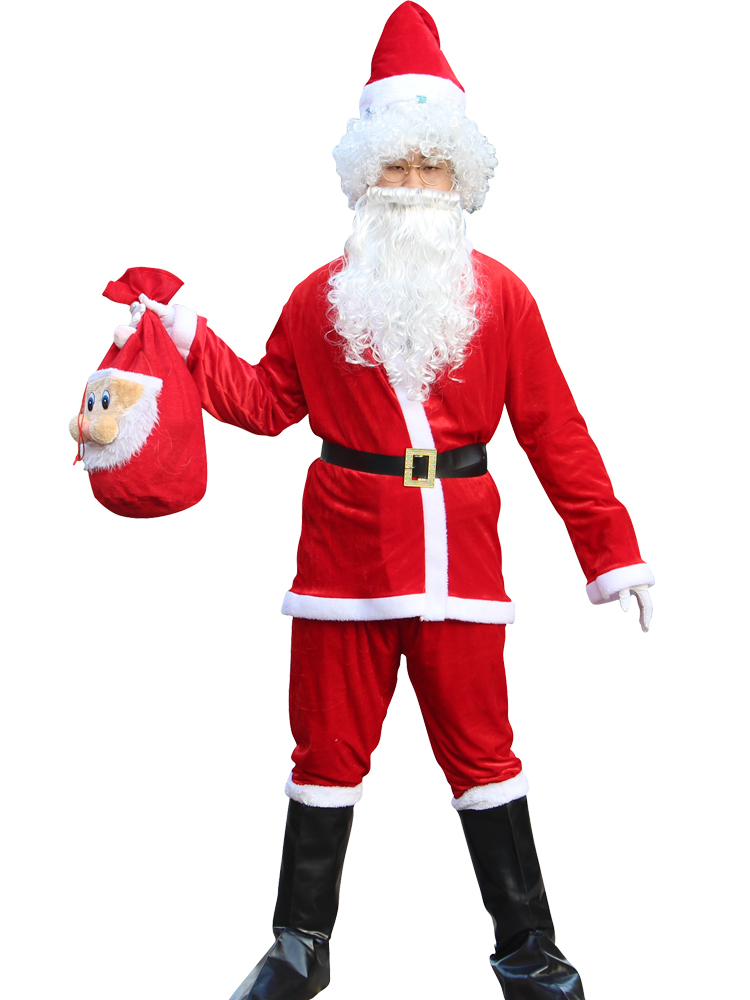 bluey santa claus costume men hat belt beard gift bag cosplay cute funny polyester material new style White and red