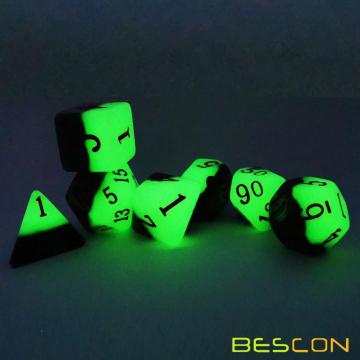 Bescon Juego de dados poliédricos brillantes de dos tonos, juego de 7 piezas Green Dawn, juego de dados RPG luminosos d4 d6 d8 d10 d12 d20 d%, embalaje de caja de ladrillos