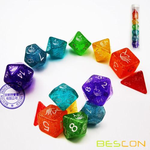 Bescon Unicorns Rainbow Étincelant Polyhedral D &amp; D Dés Ensemble De 7 Coloré RPG Jeu De Rôle Jeu De Dés 7pcs Ensemble