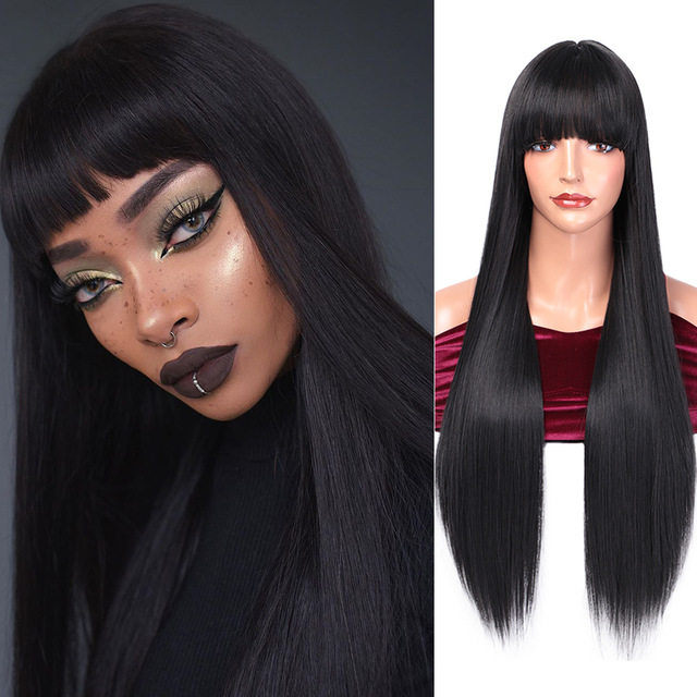 Vigorous 28 inches Long Straight Black Wig Lace Heat Resistant Synthetic Wig With Bangs Natural Hair Wig for Black Women