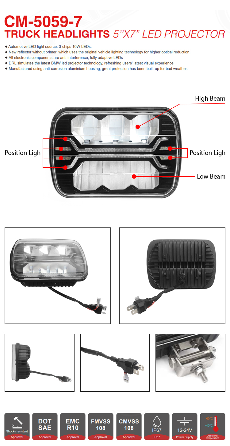 5 "* 7" quadrado 36W, 12-24V DTplug luz principal LED, off road / caminhão SUV ATV UTV luz principal led