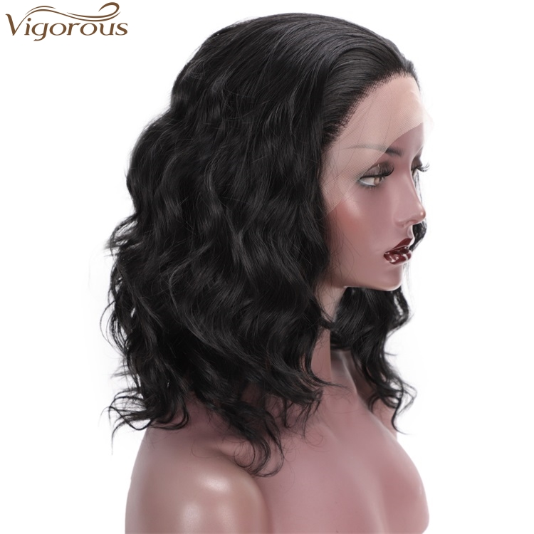 Vigorous Short Bob Wavy Lace Front Wigs for Women Natural Black Synthetic Wig Middle Part Heat Resistant Wigs Wholesale Price