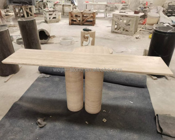 Beige Natural Stone Console Tables - Travertine and Marble Two-Column Bases