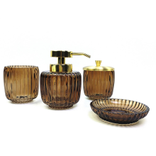 Gold Accent Vertical Groove Amber Glass Vanity Set