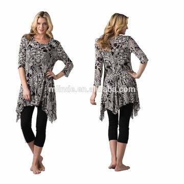 2017 Blouse Women Summer 3/4 Sleeve Asymmetrical Floral Print Tunic Embroidery Top Tunic