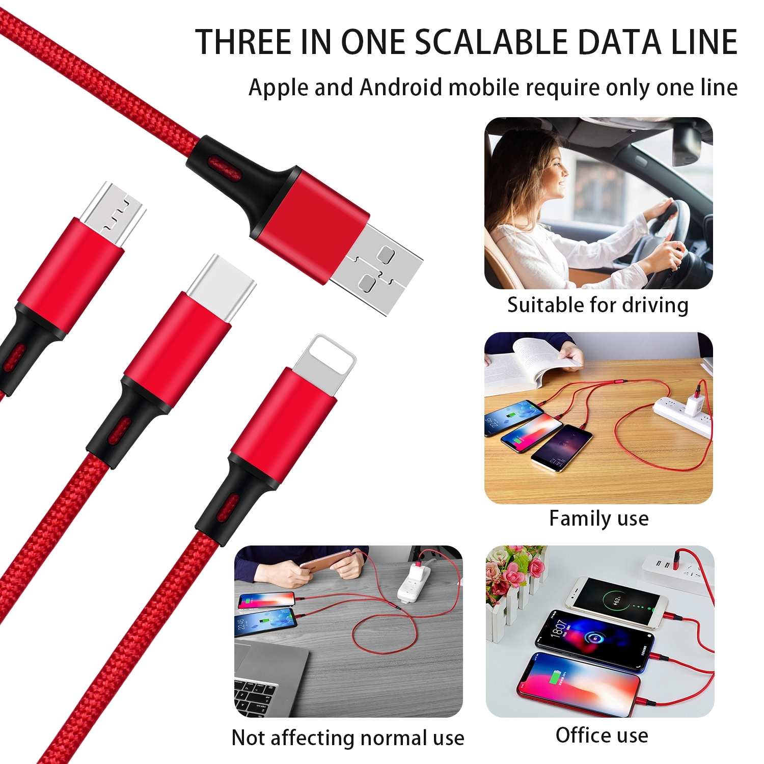 Yijiashishang Nylon braided 3-in-1 charging cable with iOS 8PIN, Micro USB and Type-C interface 2.A Aluminum Alloy connectors