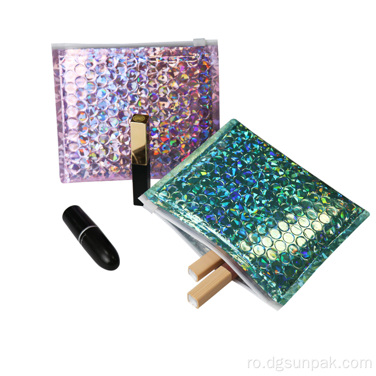 geantă cosmetică cu bule holografică roz aprins albastru argintiu