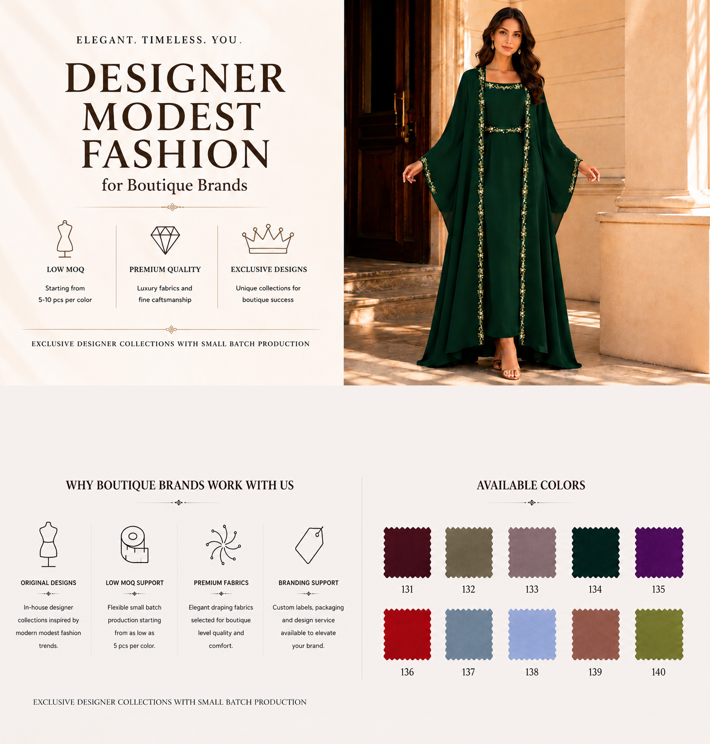 نمای کلی محصول عبای باز گلدوزی شده سبز زمردی Emerald green embroidered open abaya product overview with model and fabric colour swatches