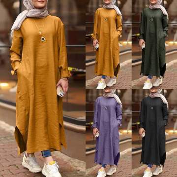Plus Size Loose Islamic Sundress Muslim Women's Round Neck Long Sleeve Abaya Dress