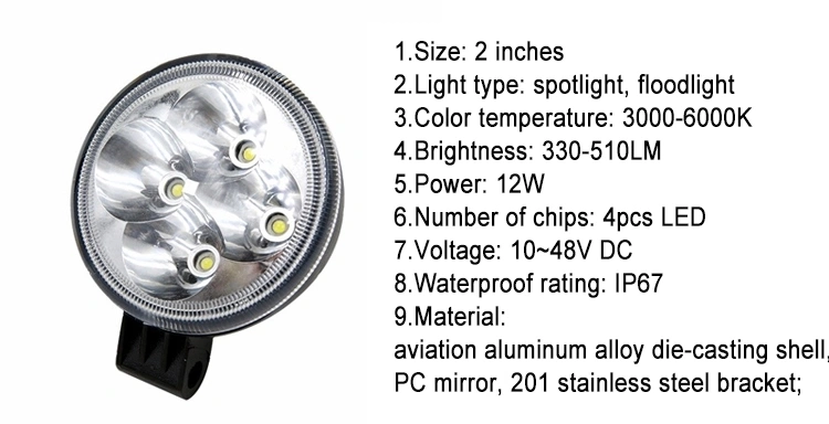 Hot Selling Factory Direct 12W LED Spotlight Vehicle Lights Work Light for Tractor Boat off Road Truck SUV ATV